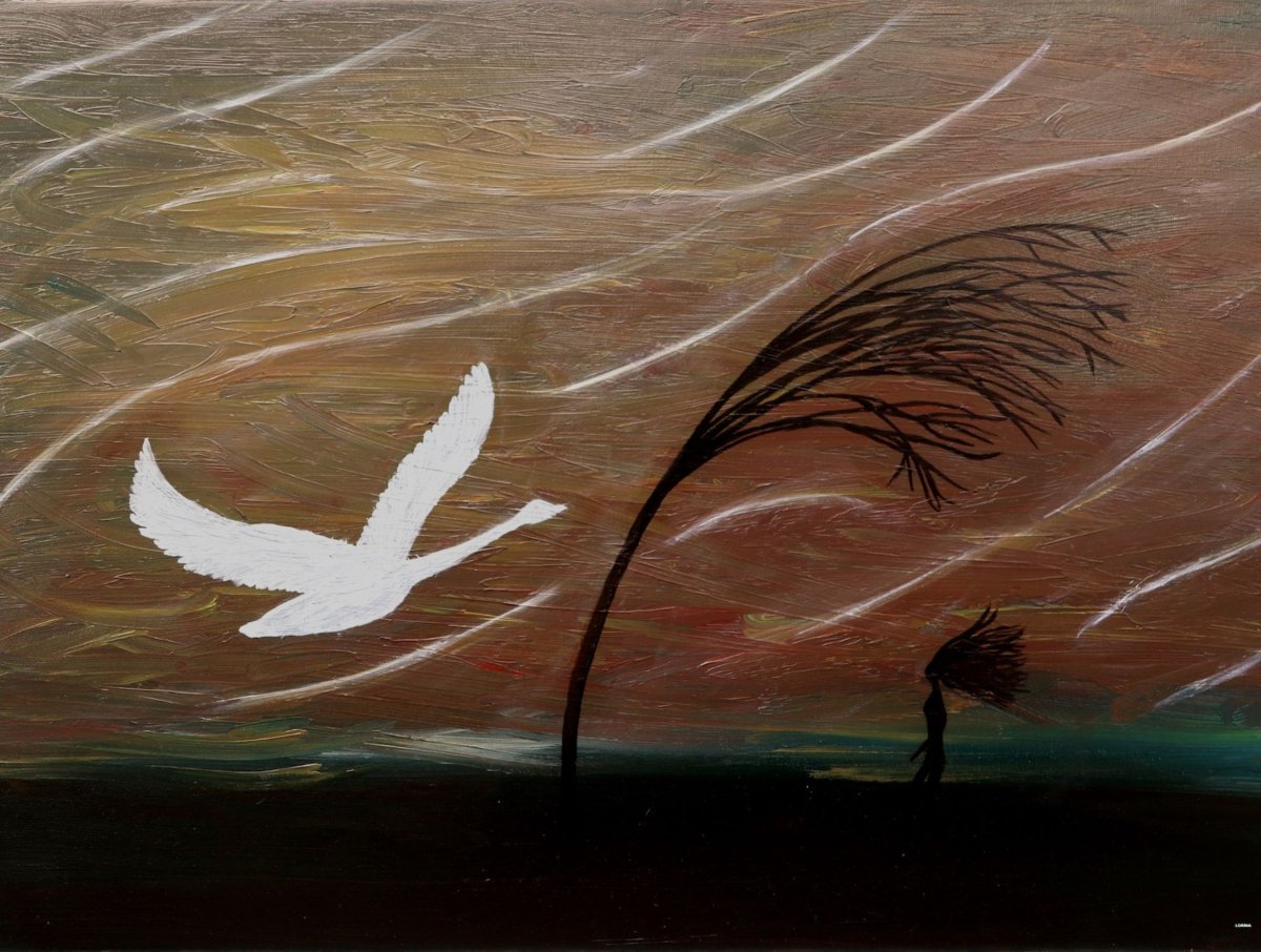Face à la tempête, peinture de Lorina : une femme se tient debout dans la tempête, courage et confiance.