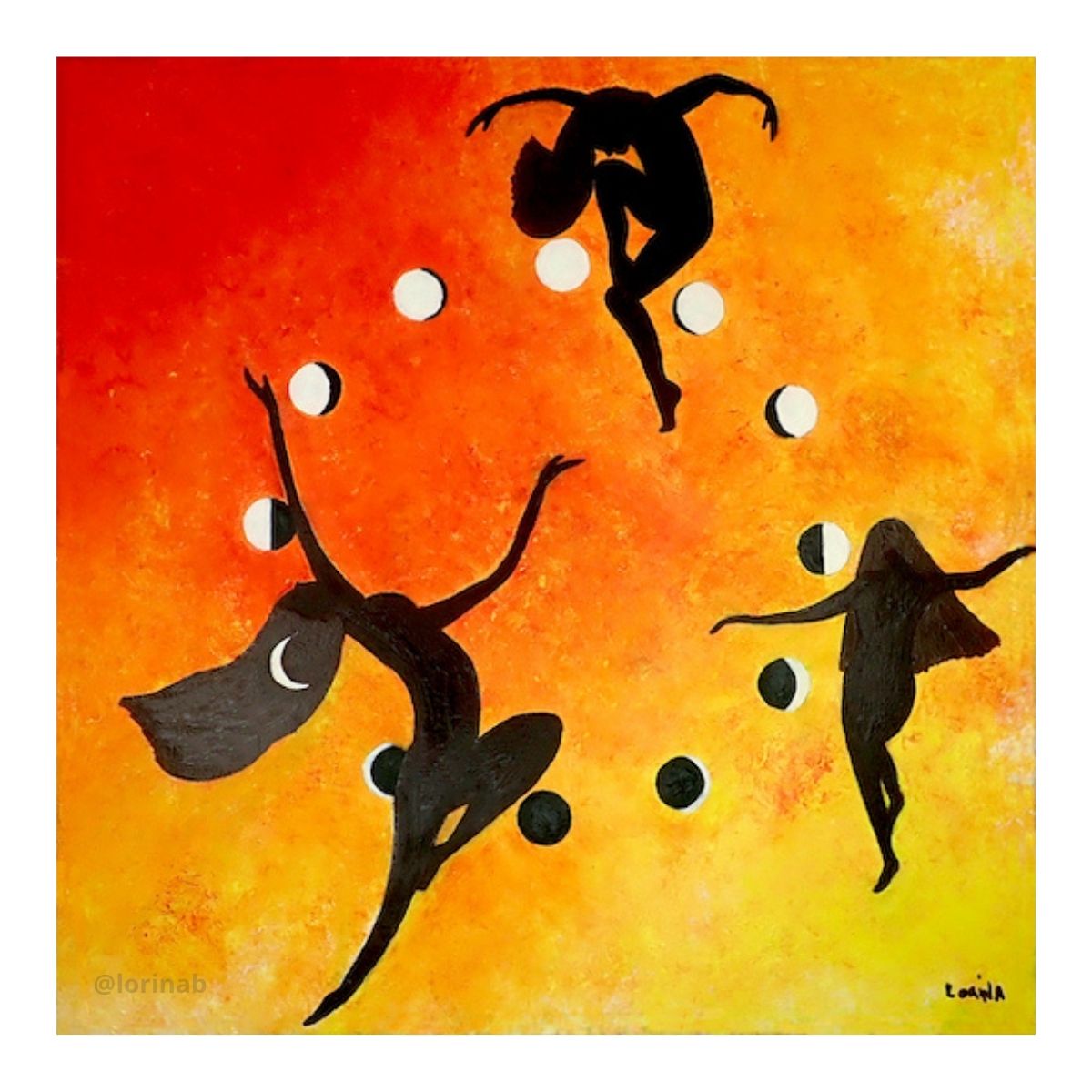 Le feu sacré, peinture de Lorina, 3 femmes danses autour du cycle lunaire sur un fon "feu".
