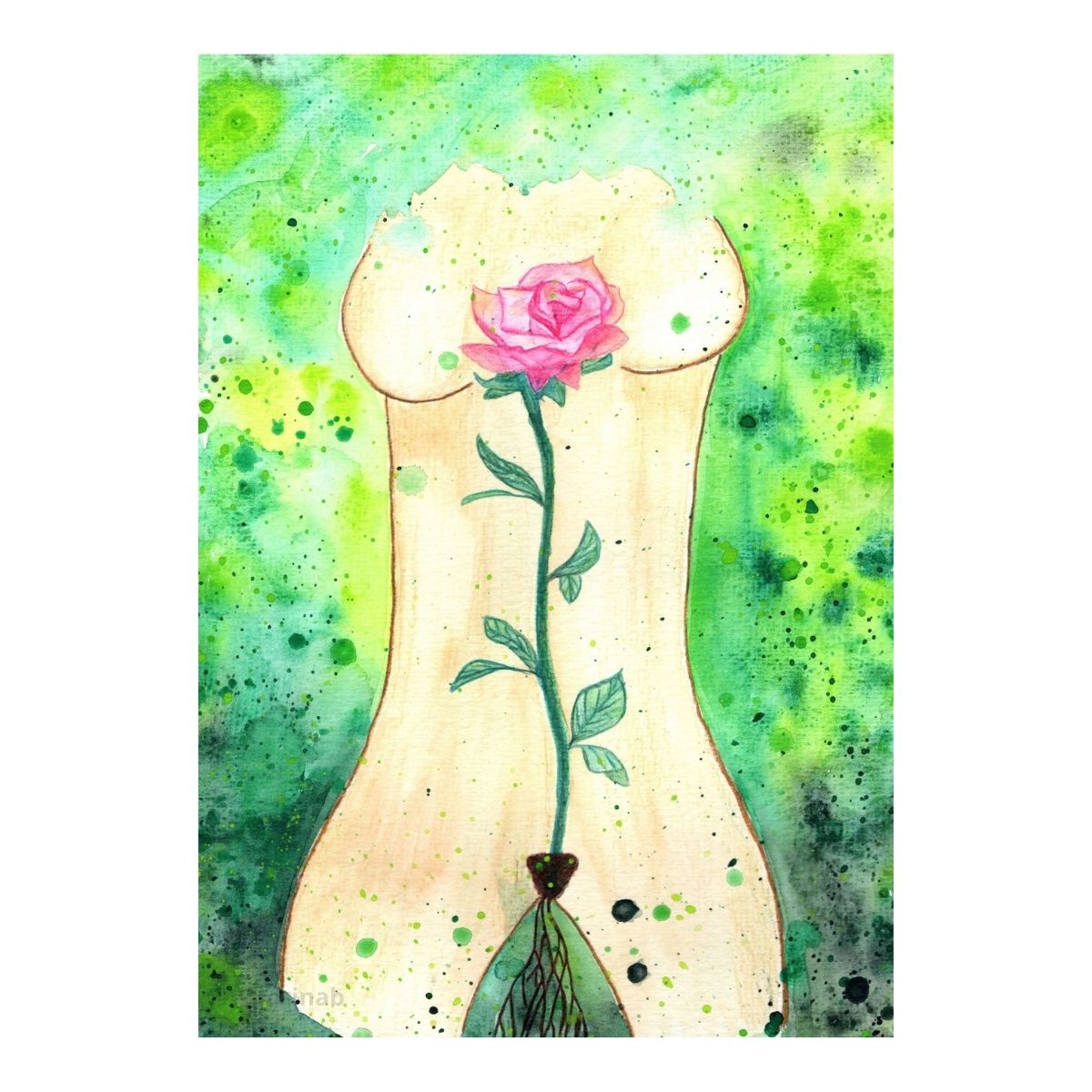 Profondément enracinée, peinture de Lorina, une rose s'ouvre au niveau du coeur d'une femme, elle est enracinée dans son utérus.