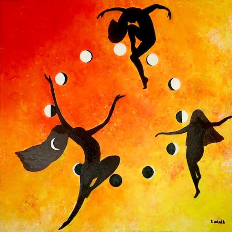 Cercle de femmes Révelle, peinture illustrant des femmes qui dansent autour du cycle lunaire, peinture à l'huile Le feu sacré de Lorina
